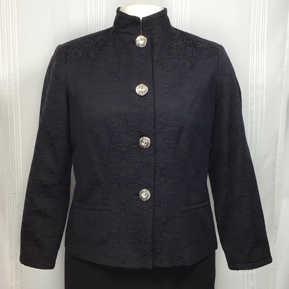 Field Manor Black Brocade Edwardian Rhinestone Button Front Jacket Sz.L